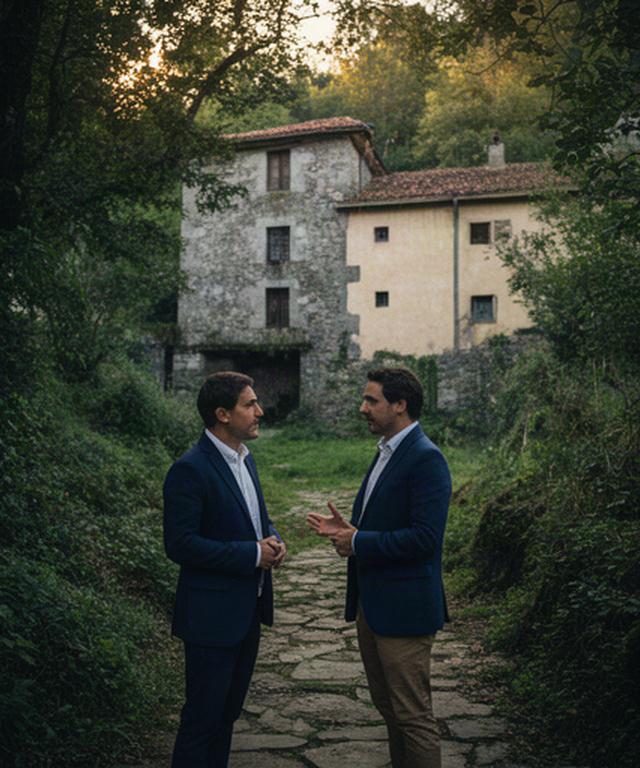 Profesionales conversando frente a una antigua casona rural de Candamo, rodeados de vegetación asturiana